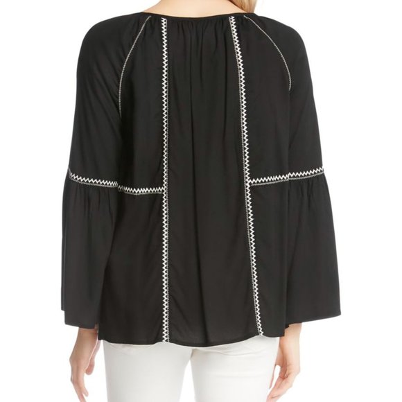NWT Black Karen Kane Blouse with White Embroidered Zig-Zag and Tassel Si… - Picture 2 of 9